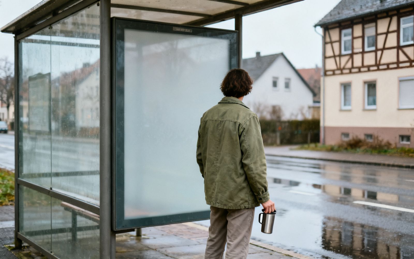 Person mit Kaffeebecher wartet an einer Bushaltestelle im Morgenlicht und schaut auf die Straße