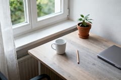 Leerer Holzschreibtisch am Fenster mit einer Tasse und einer kleinen Pflanze im Morgenlicht