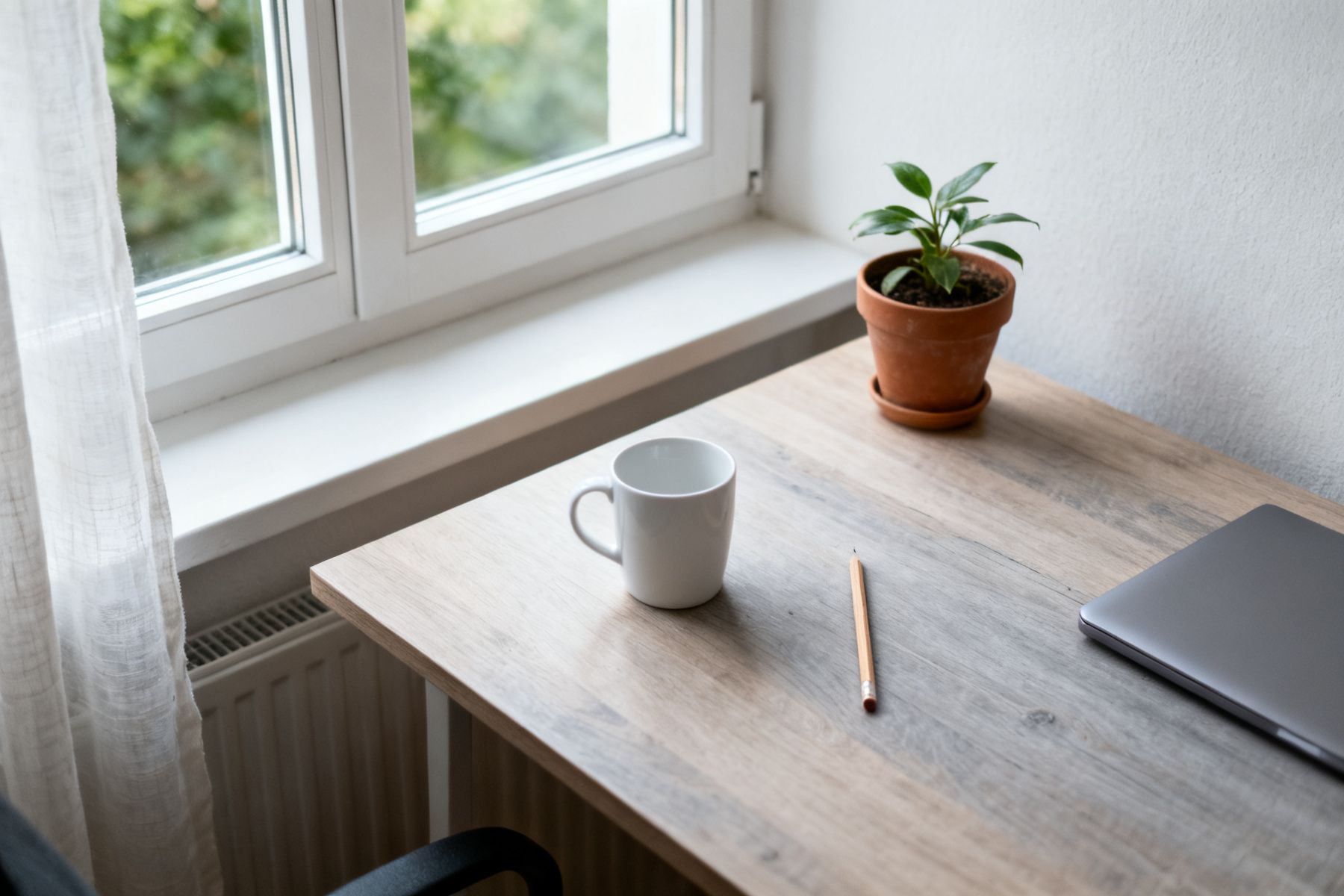 Leerer Holzschreibtisch am Fenster mit einer Tasse und einer kleinen Pflanze im Morgenlicht