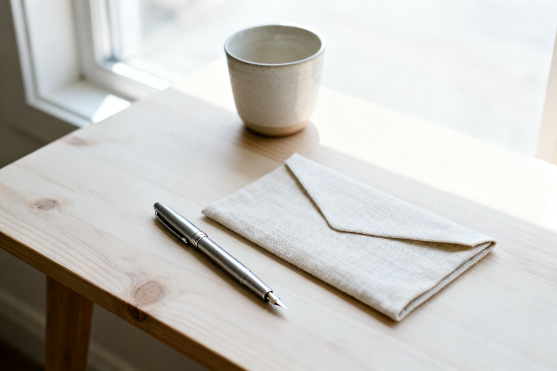 Leerer Schreibtisch mit einem Stift und einer Tasse vor einem hellen Fenster