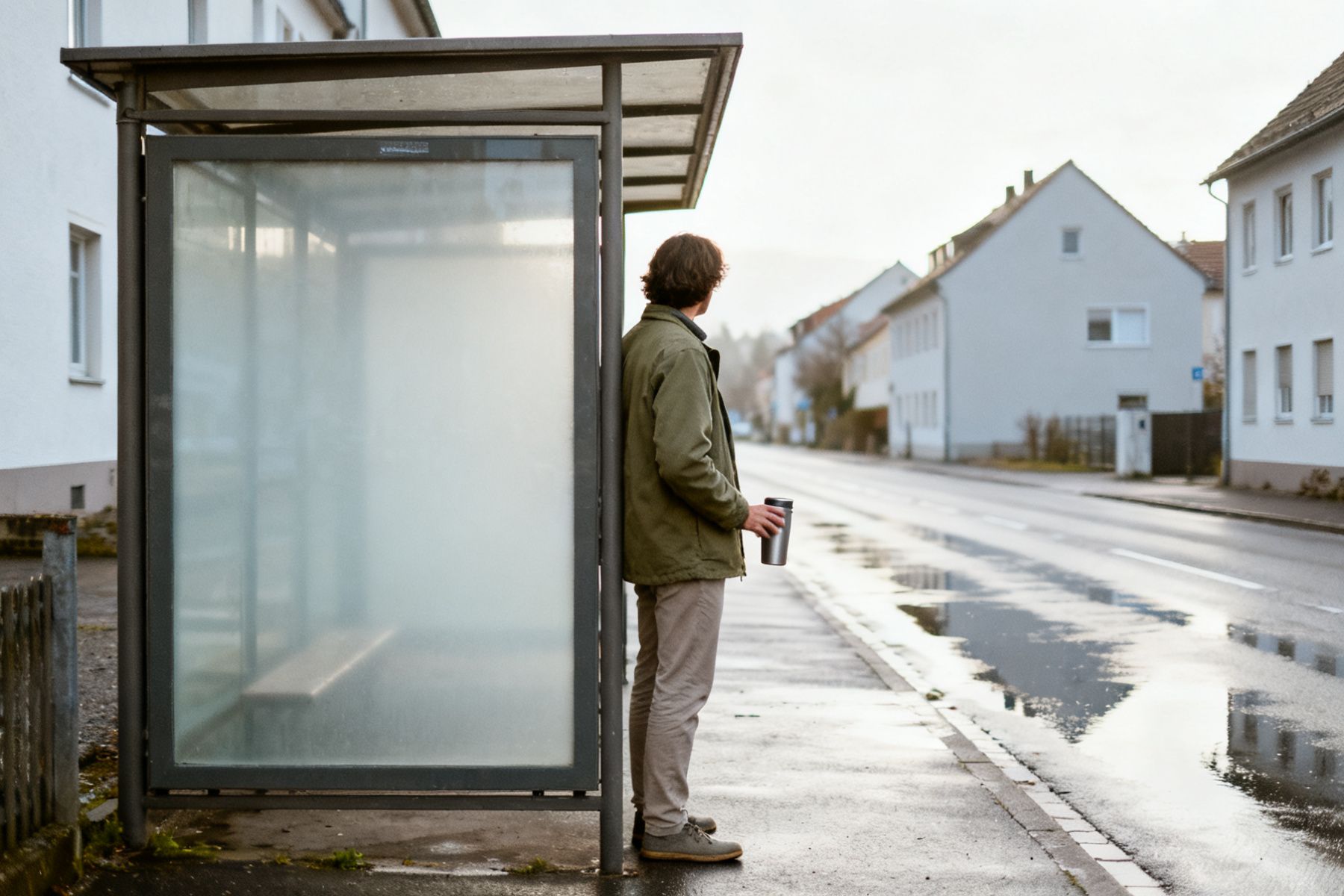 Person mit einem Kaffeebecher wartet im Morgenlicht an einer Bushaltestelle